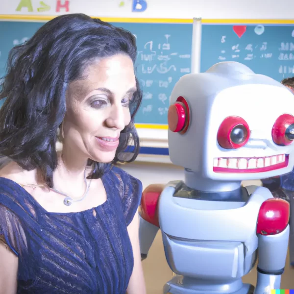 a teacher fearful of being replaced by technology, robot in front of teacher, home tuition, teacher in classroom, robot teaching a classroom, home tuition singapore, home tutor, private tuition singapore